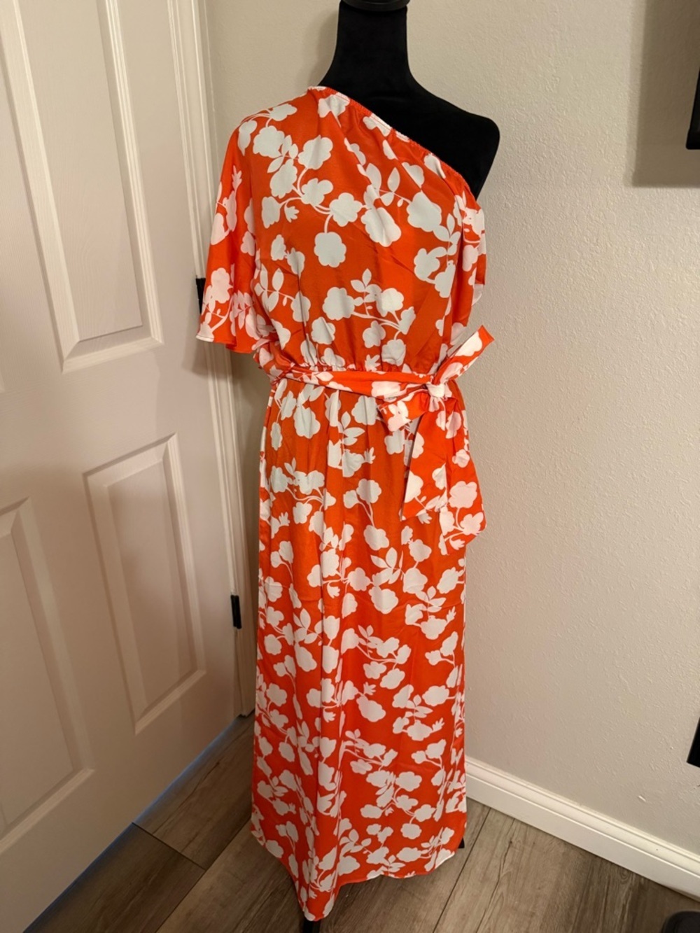 Mud Pie Orange & White Floral Dress with Waist Tie